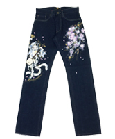 和柄手描きジーンズ「踊り猫又」