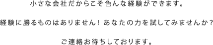 小さな会社だからこそ色んな経験ができます。経験に勝るものはありません！ あなたの力を試してみませんか？ご連絡お待ちしております。