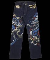 和柄手描きジーンズ「青龍神」